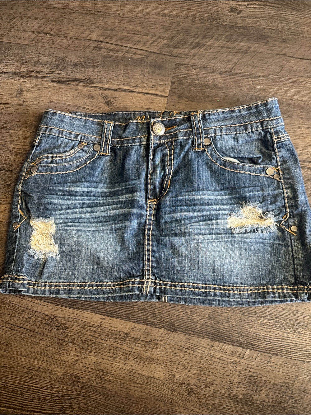 Distressed Denim Mini Skirt in Blue